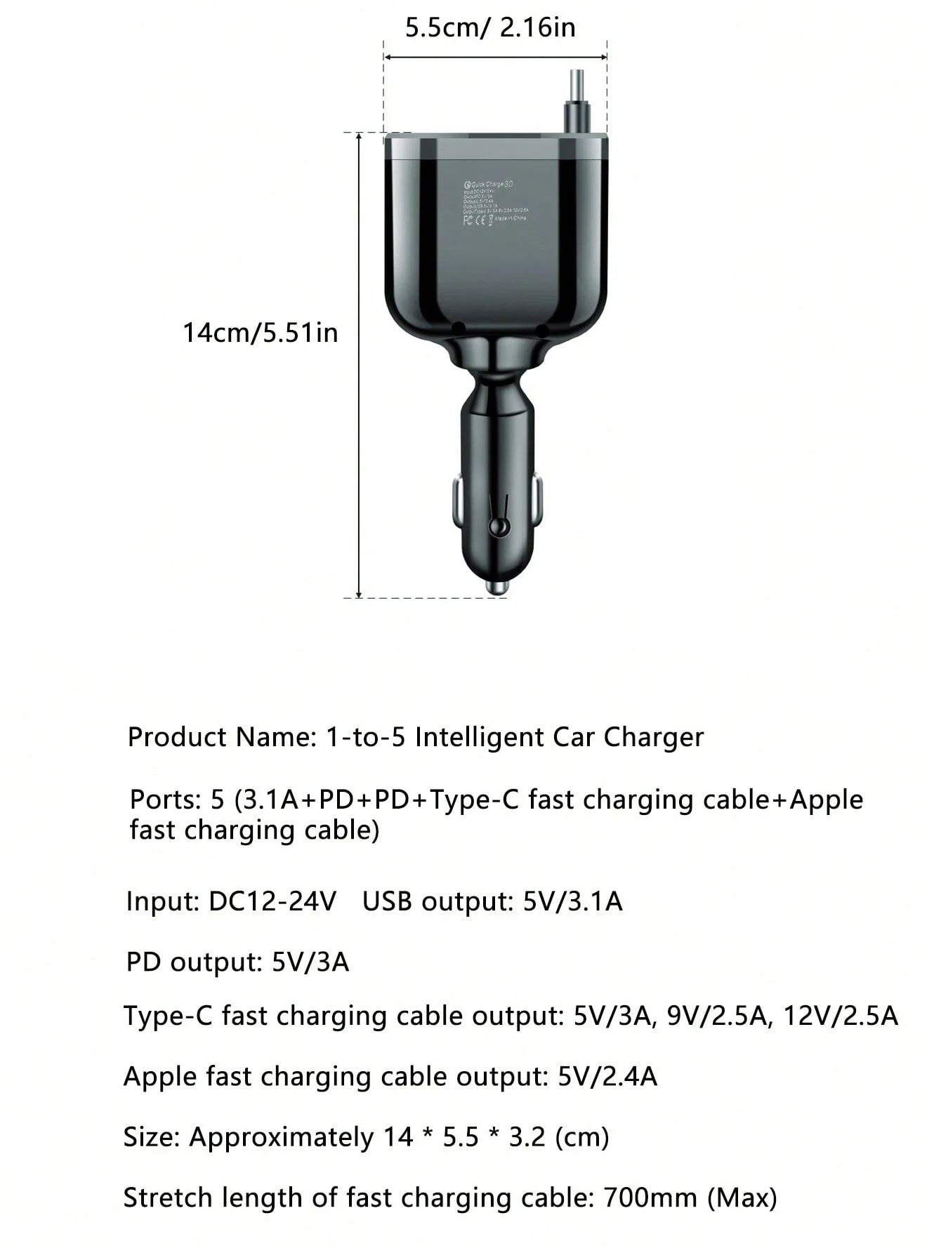 5-in-1 Car Fast Charger with Built-In Retractable Cable
