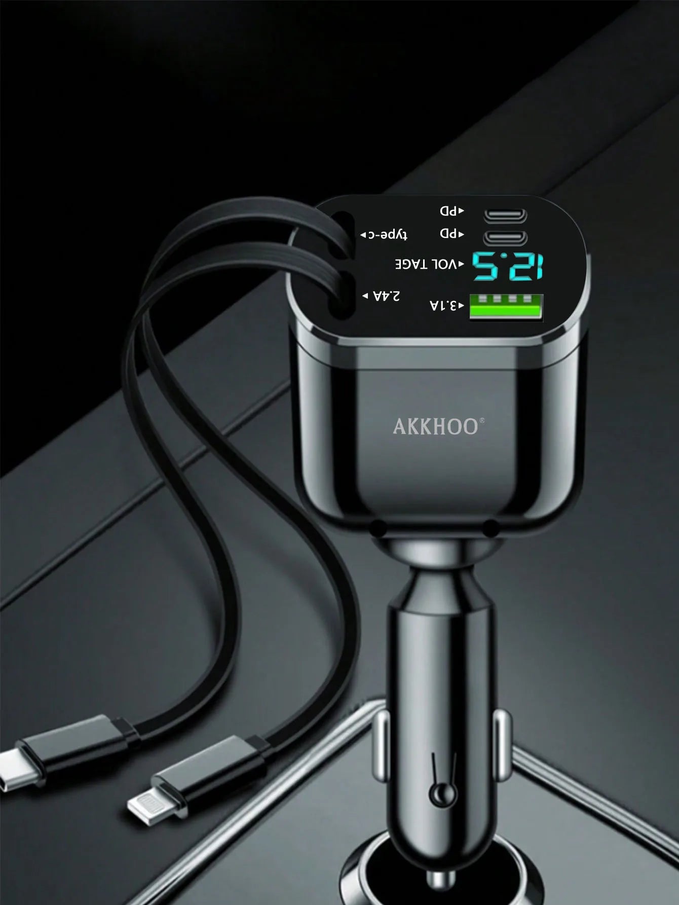 5-in-1 Car Fast Charger with Built-In Retractable Cable